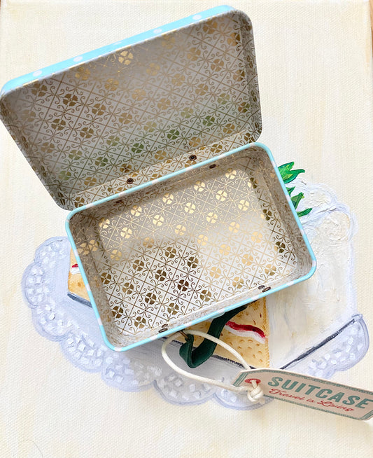 Suitcase/tin - Turquoise Polka