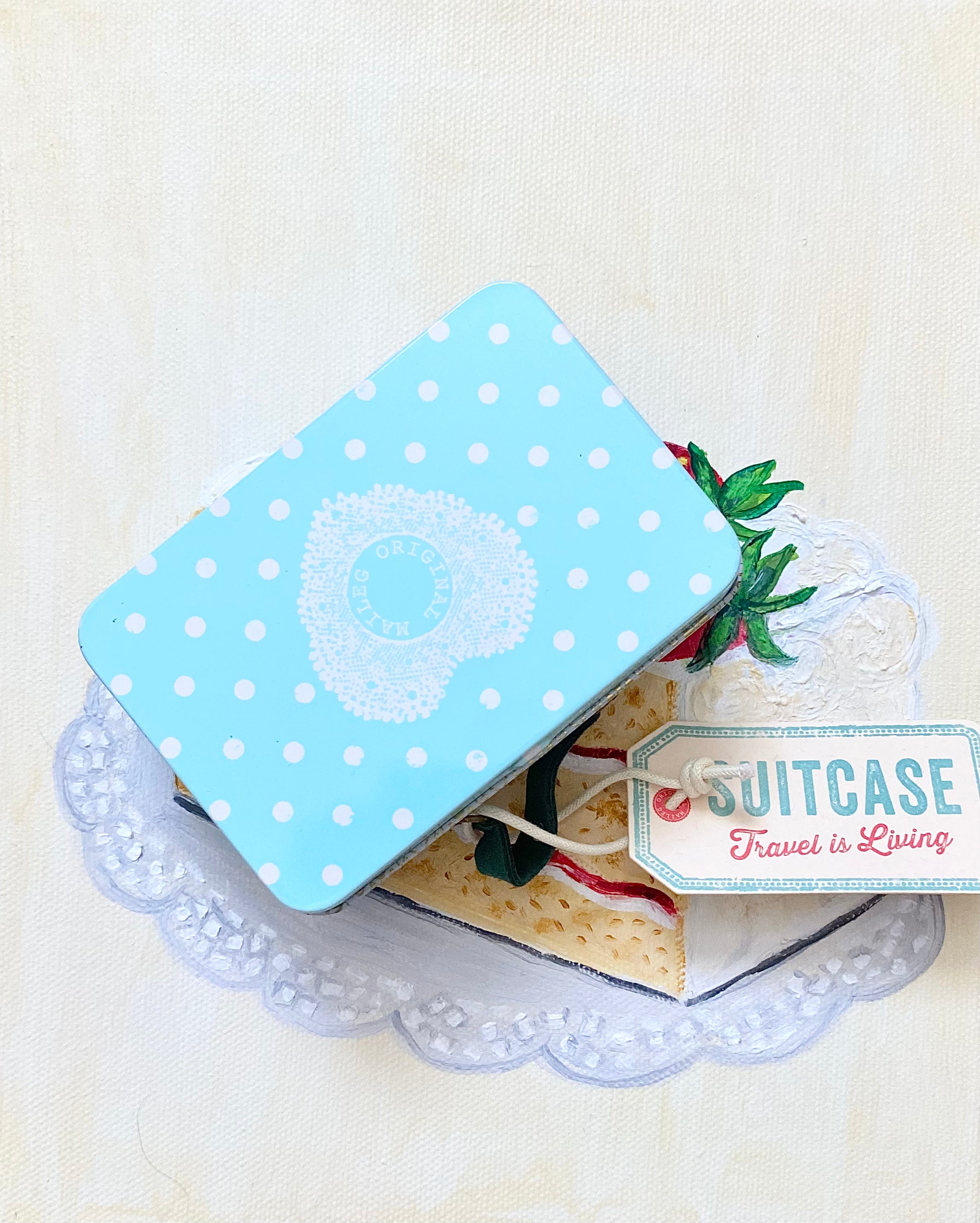 Suitcase/tin - Turquoise Polka