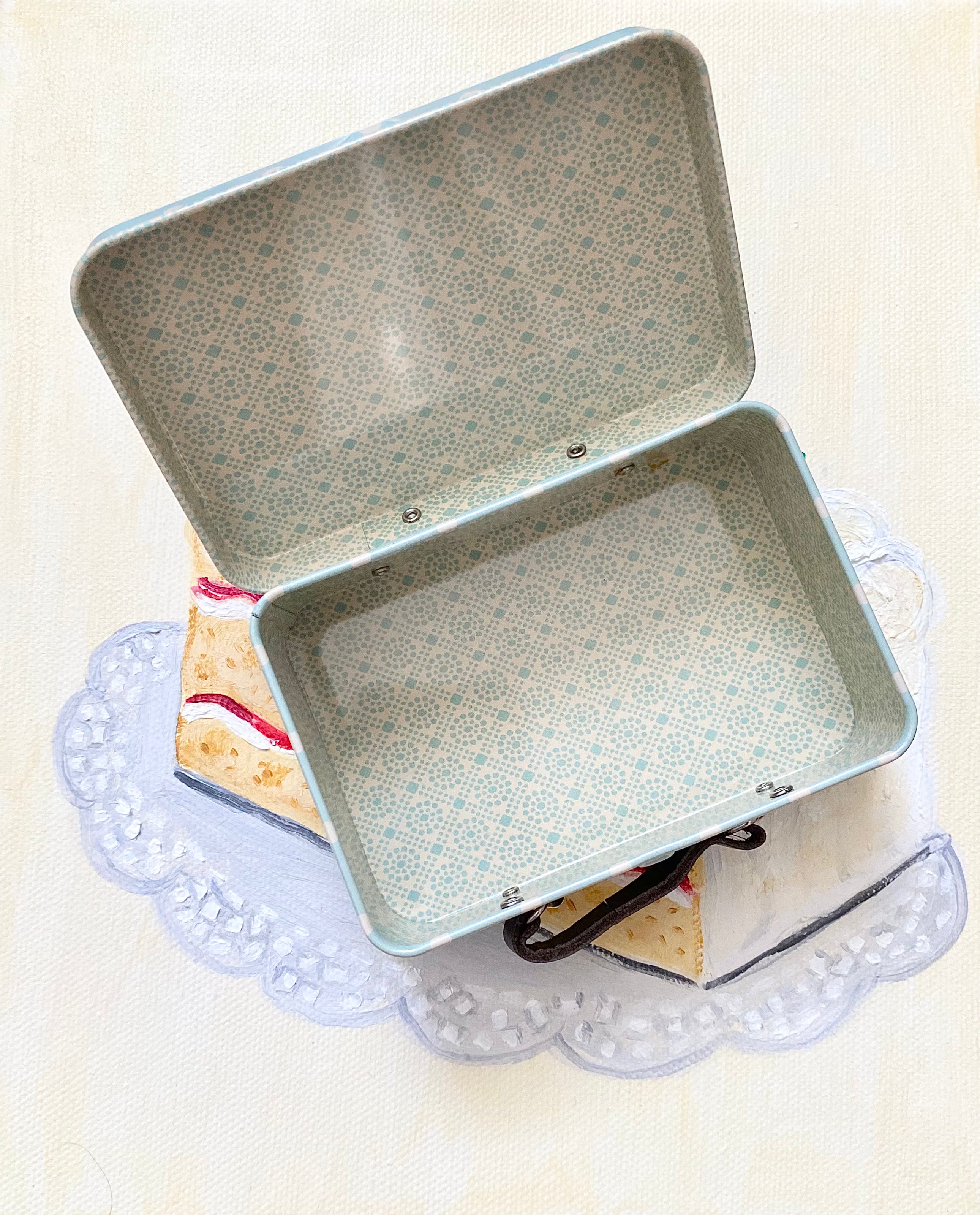 Suitcase/tin - Baby Blue Polka